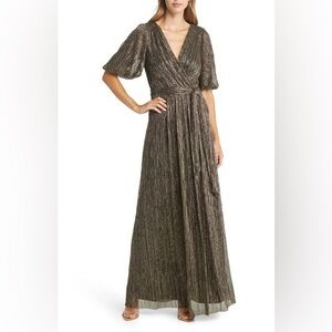Eliza J Metallic Faux-Wrap Formal Dress